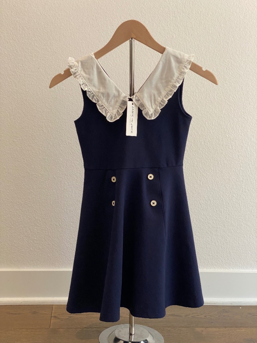 Janie and Jack Navy Blue Dress With White Collar and Gold Buttons - NWT